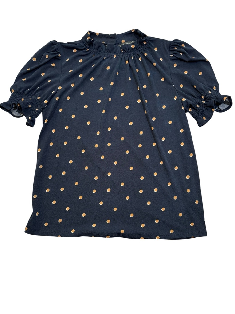 Adrianna Papell Top, Navy Blue Blouse Polka Dots, Small, Puff Sleeves, Smocked